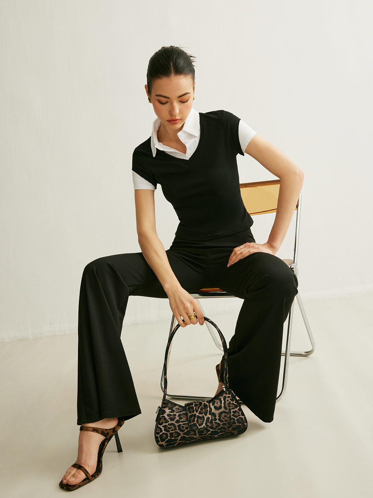 Renk Bloklu Polo Yaka Kısa Kollu Üst Siyah Slim Fit