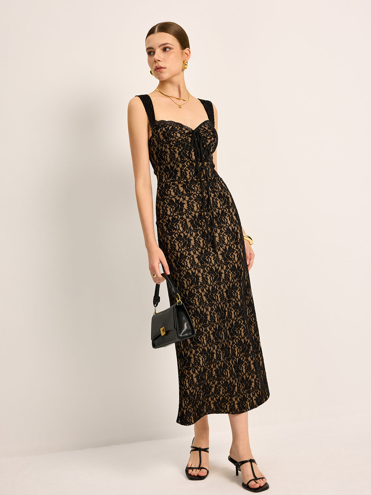 Dantel Askısız Abiye Elbise Siyah Bağlamalı