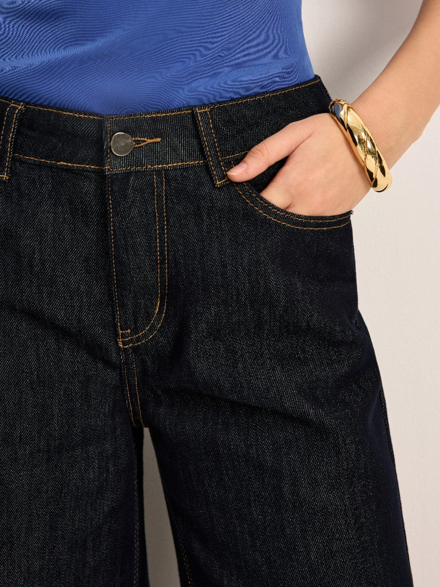 Yüksek Bel Geniş Paça Denim Pantolon Mavi