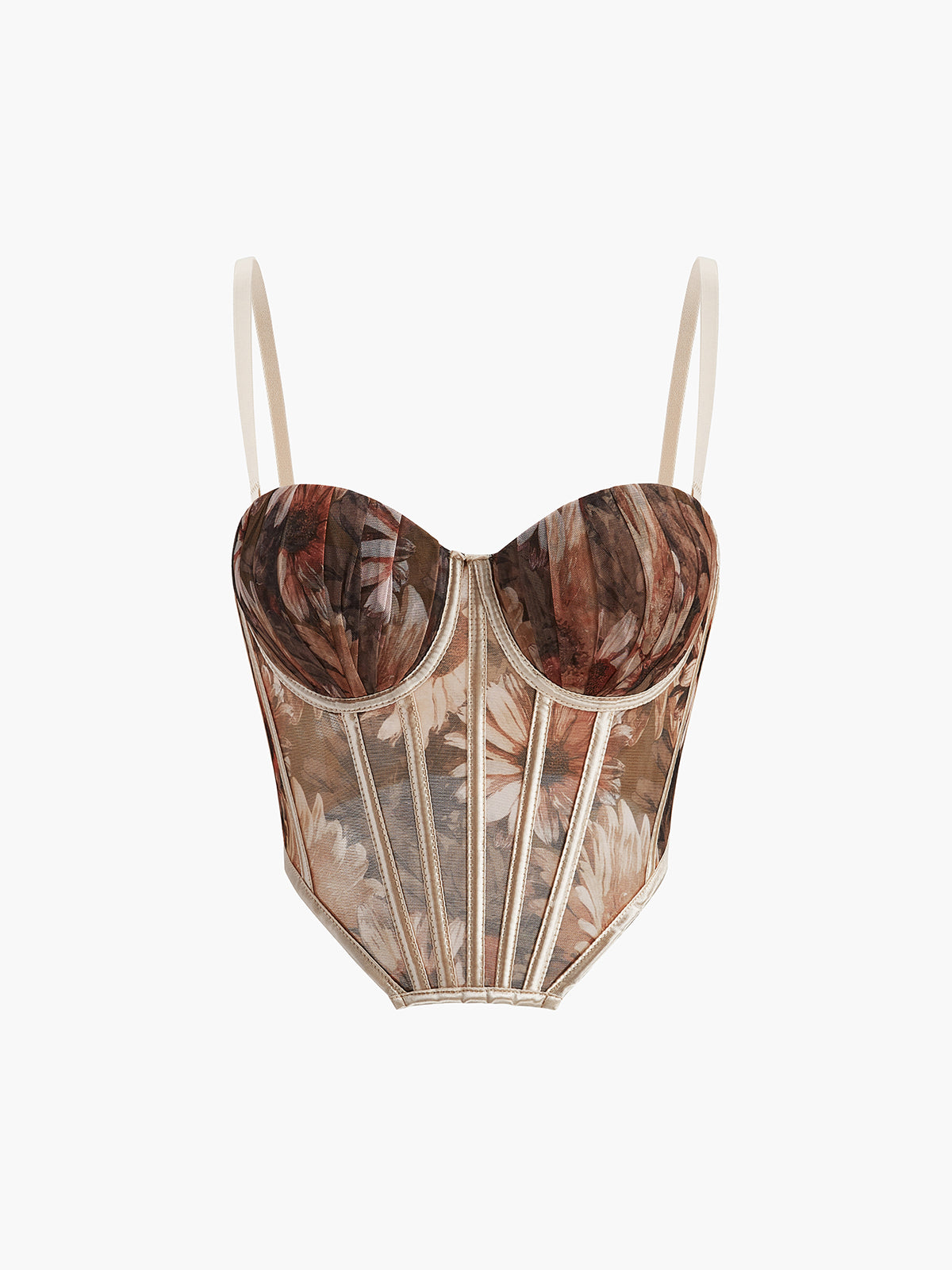 Çiçek Desenli Kalp Yaka Korse Kayısı Kolsuz