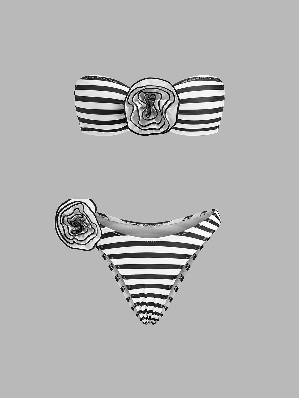 Çizgili Bandeau Bikini Takımı Siyah Beyaz Çiçek Detaylı
