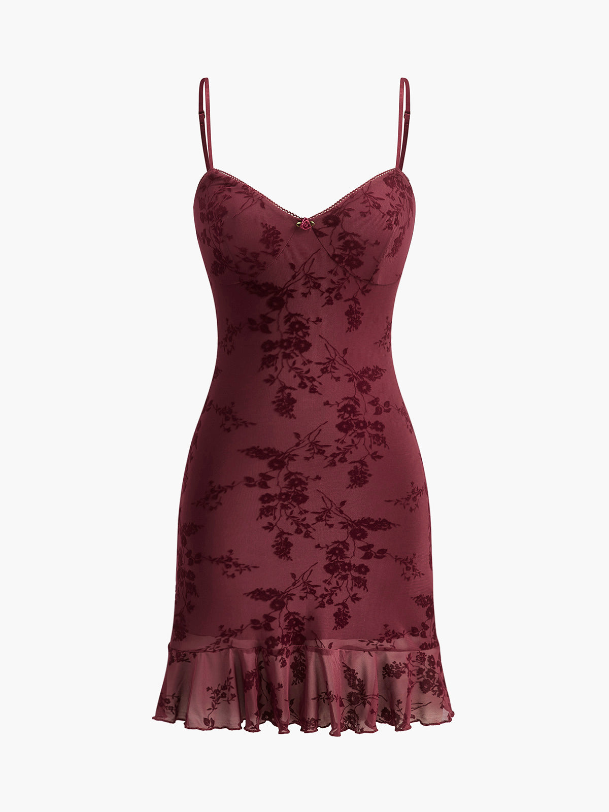 Çiçekli Volanlı Abiye Elbise Bordo Askılı Kalp Yaka