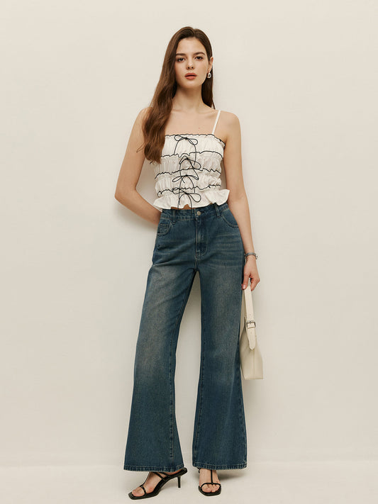 Şık Fıstık Dikişli ve Moda Kontrast Detaylı İnce Askılı Bluz