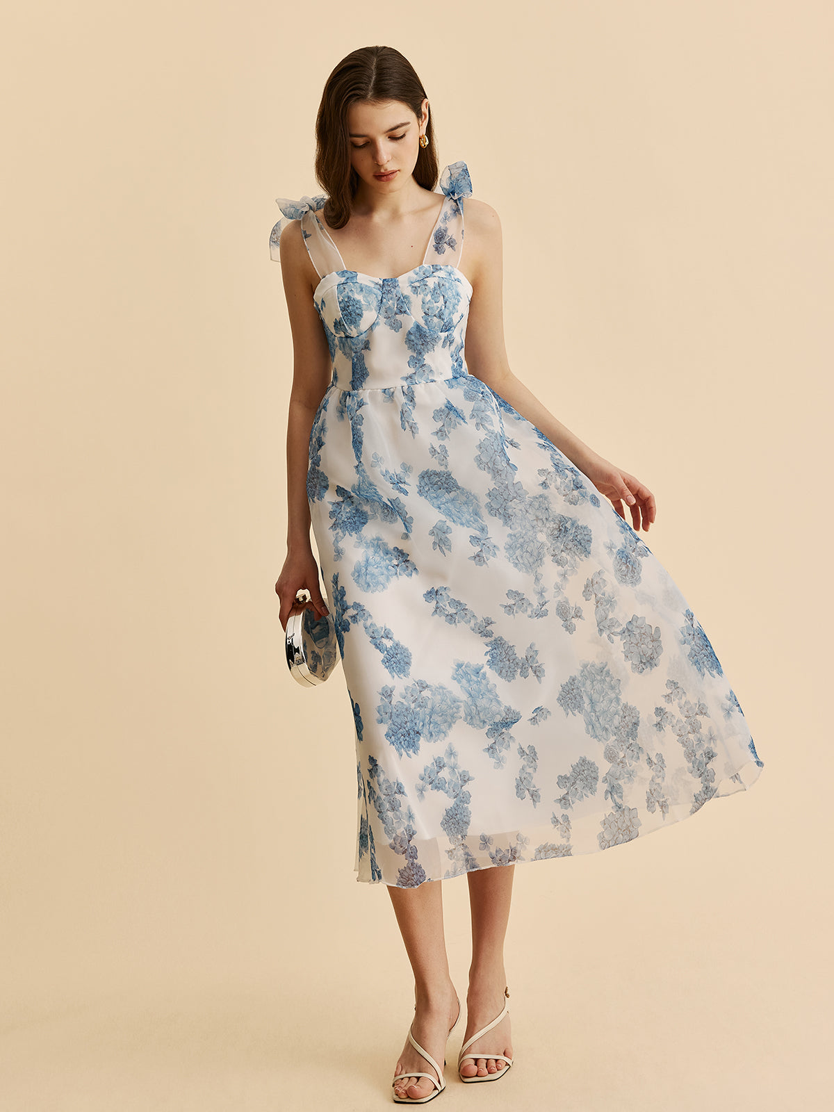 Çiçekli Kemer Detaylı Maxi Elbise Mavi Soğuk Omuz