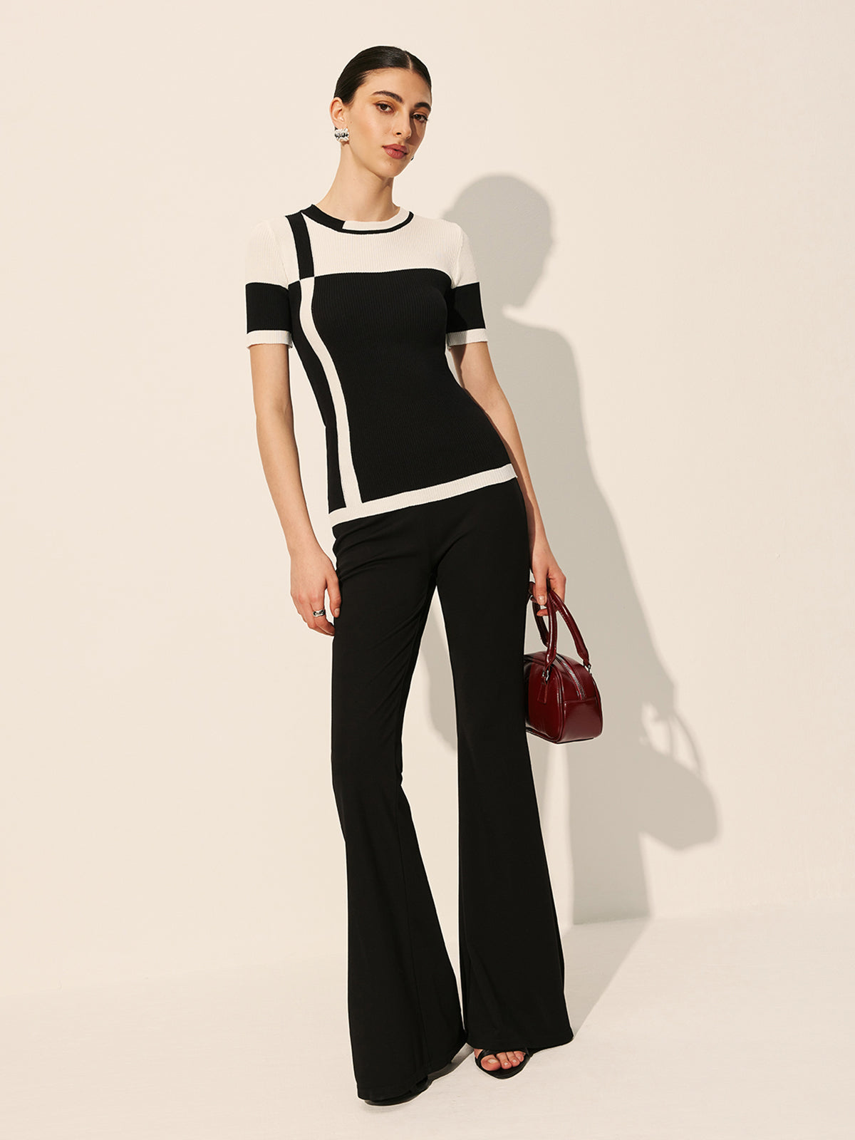 Renk Bloklu Ribana Örgü Üst Siyah Kısa Kol