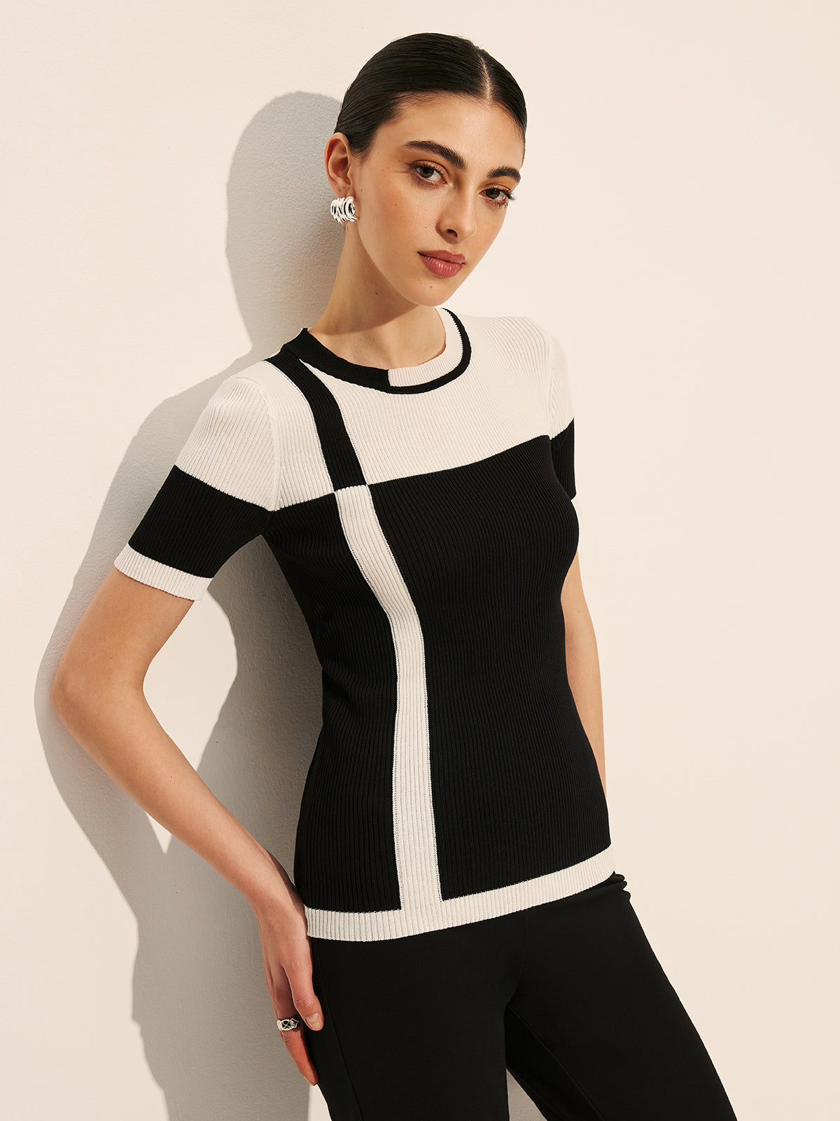 Renk Bloklu Ribana Örgü Üst Siyah Kısa Kol