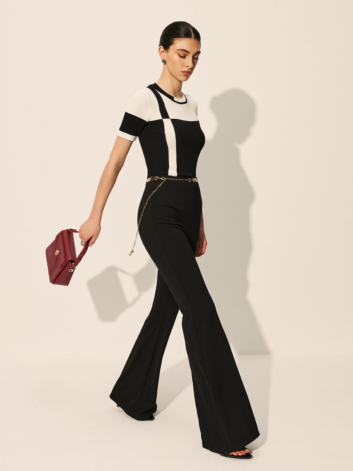 Renk Bloklu Ribana Örgü Üst Siyah Kısa Kol