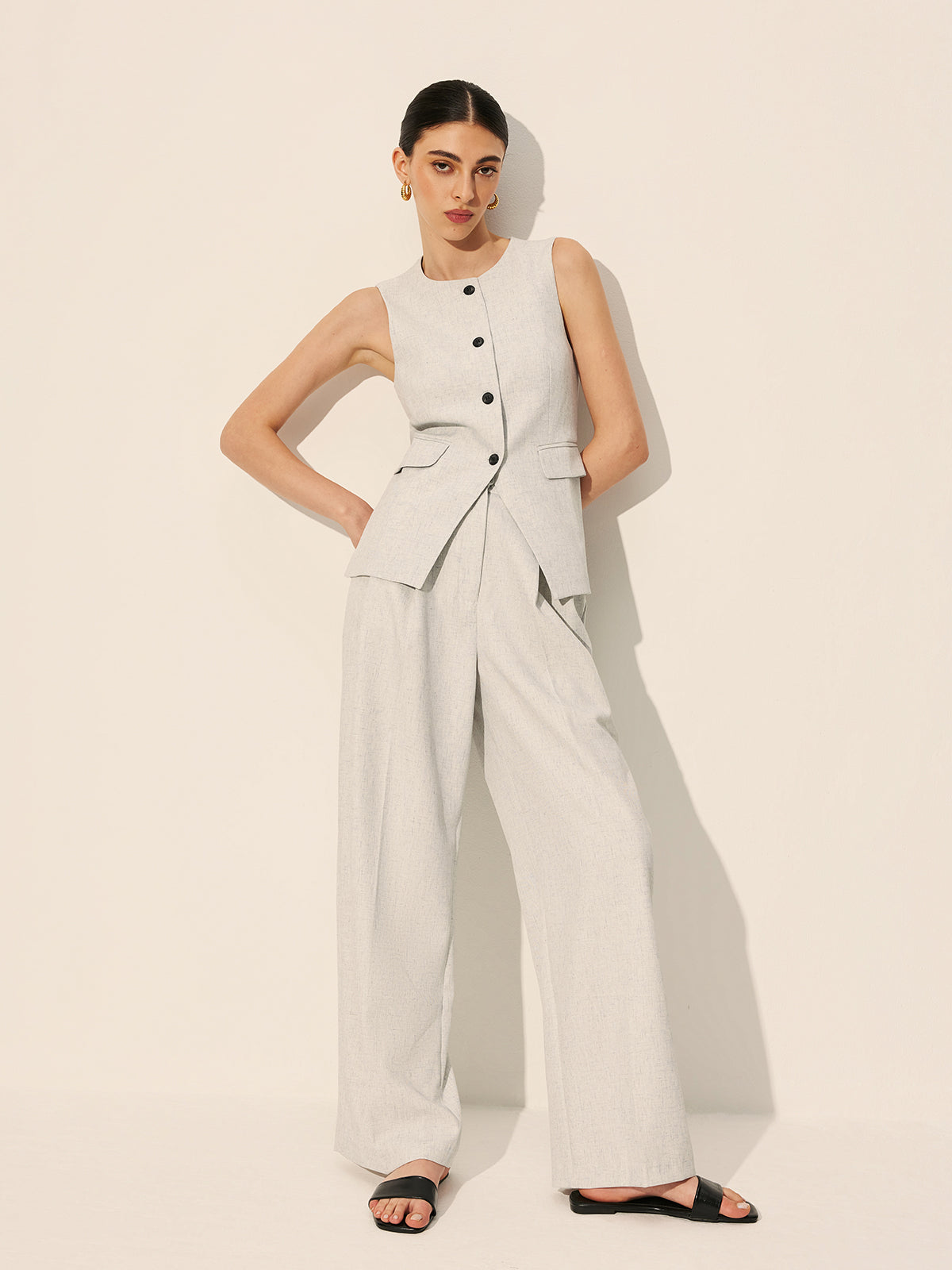 Şık Cepli Kolsuz Yelek Gri Düğmeli