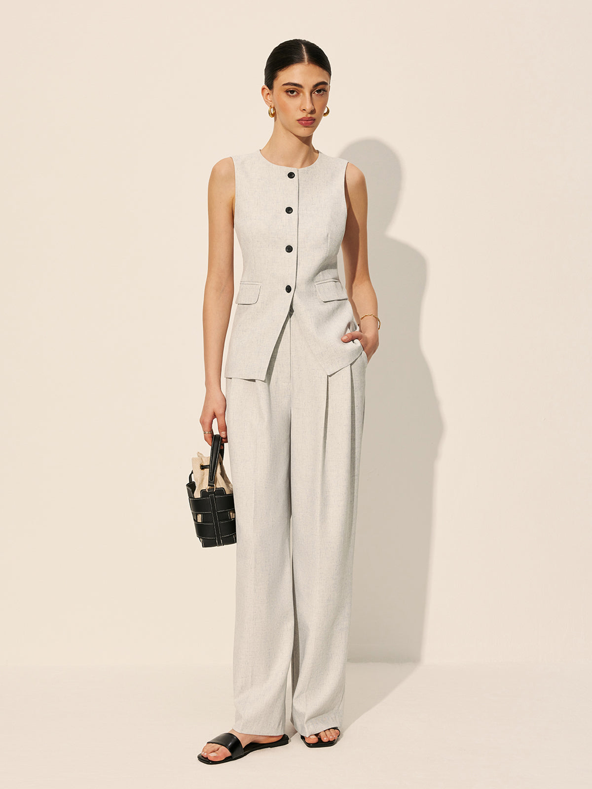 Orta Bel Plise Geniş Paça Pantolon Gri