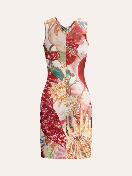 Şık Düğüm Önlü Baskılı Elbise ile Zarif Zincir Aksanlar