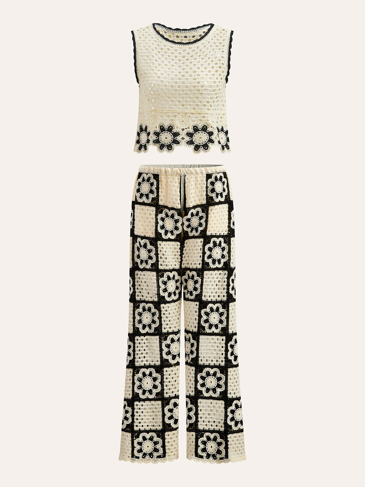 Çiçek Desenli Örme Üst Pantolon Takımı Kayısı Rengi