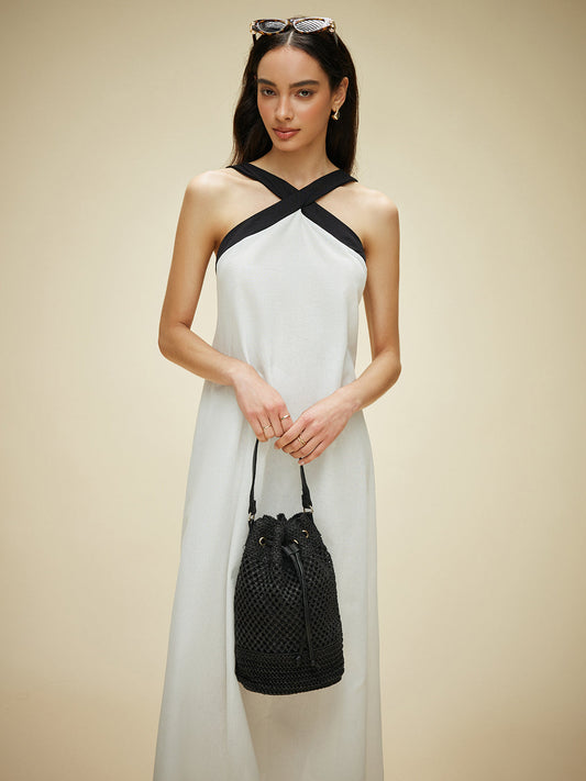 Şık Sırtı Açık Halter Elbise - Yarı Şeffaf Pamuk ve Keten Karışımı