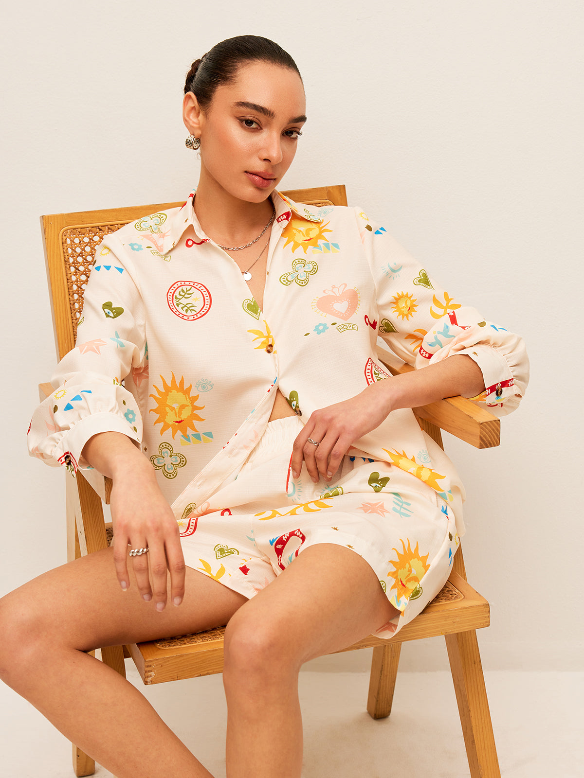 Pileli Çiçekli Şort Takımı Çok Renkli Kloş Kesim