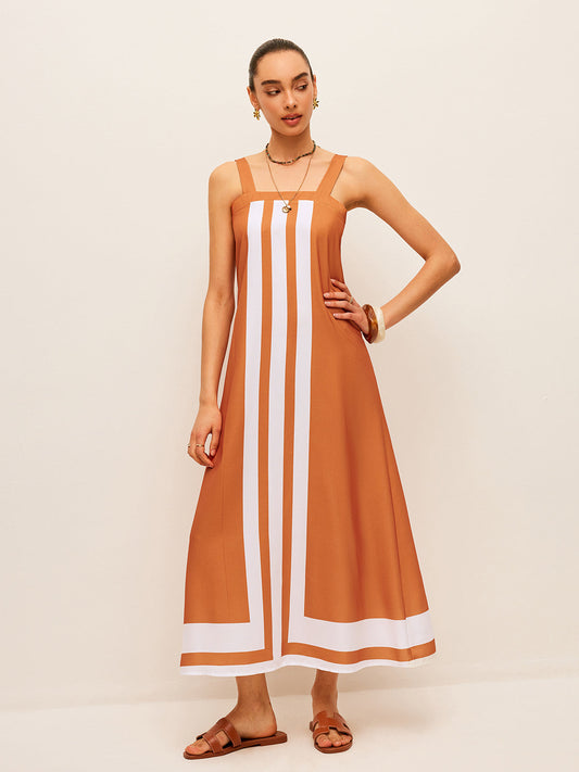 Şık Renk Bloklu Kare Yaka Elbise ile Zahmetsiz Stil