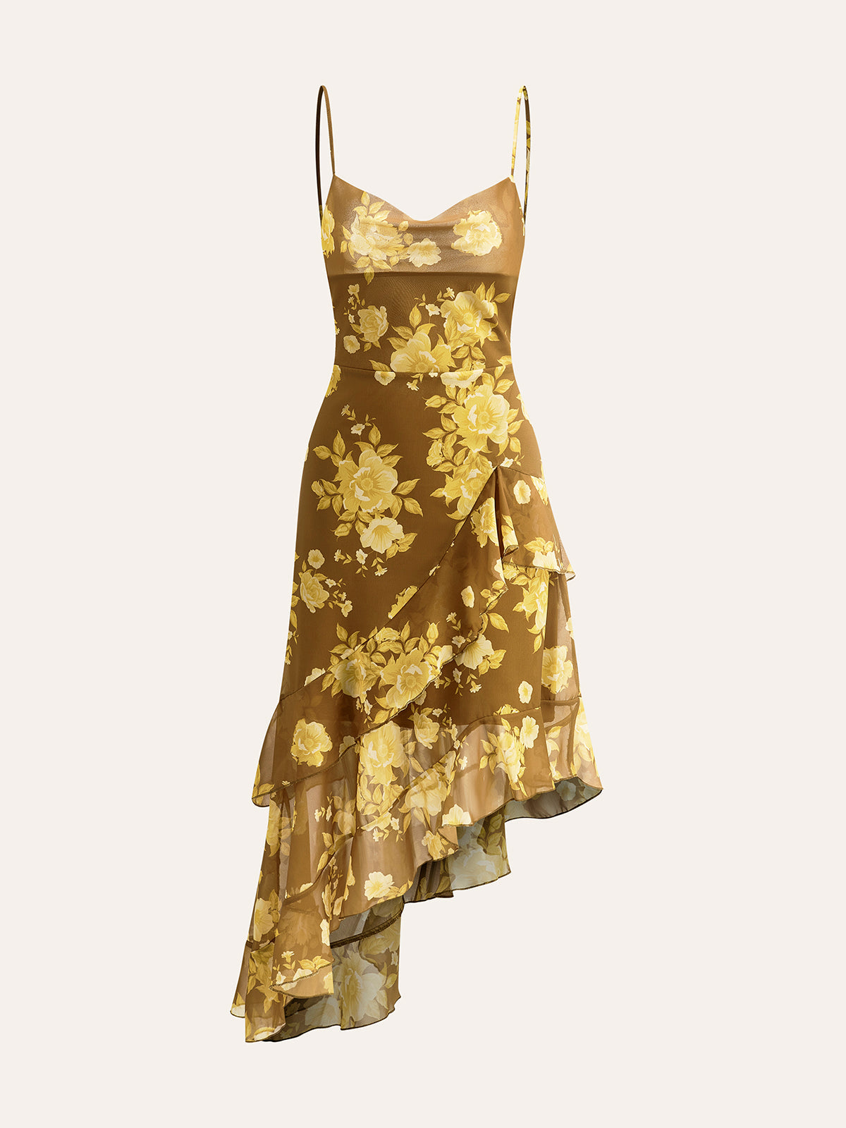 Çiçekli Volanlı Midi Elbise Askılı Arkadan Bağlamalı Çok Renkli