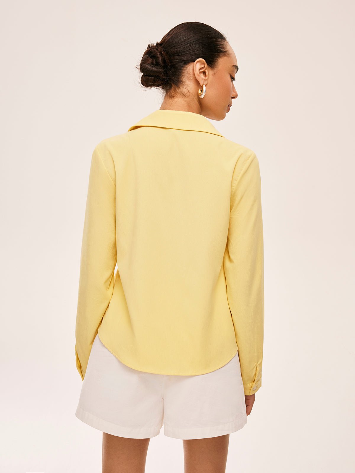 Şık Yaka Detaylı Fiyonk Bluz Sarı Uzun Kollu