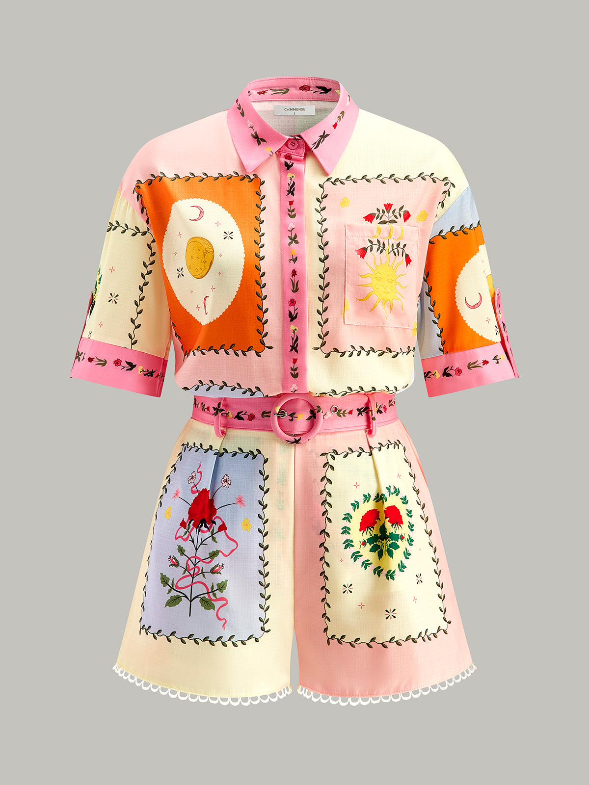 Çiçekli Kemerli Şort Takım Çok Renkli