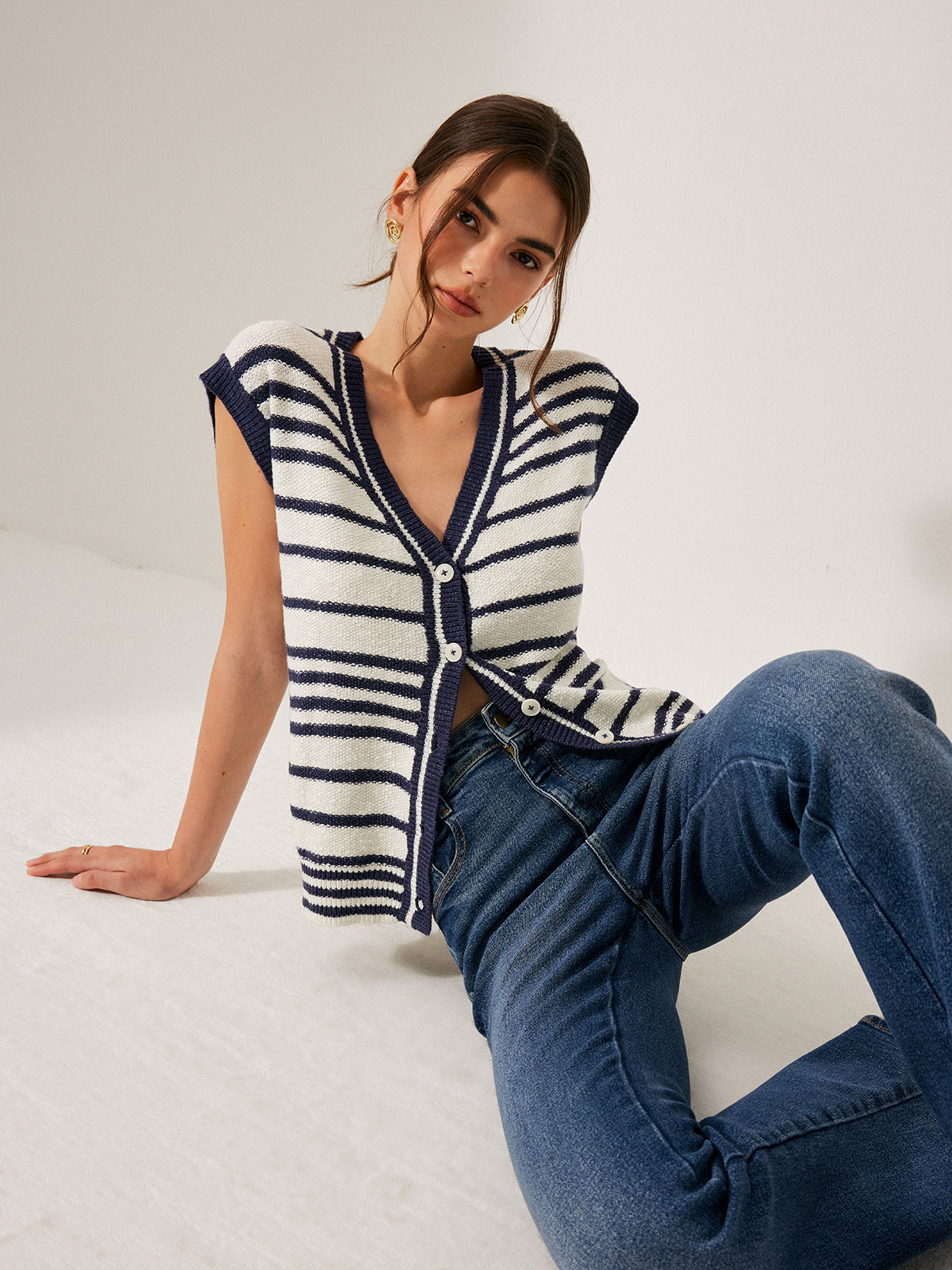 Çizgili Triko Hırka Butonlu Mavi Beyaz Regular Fit