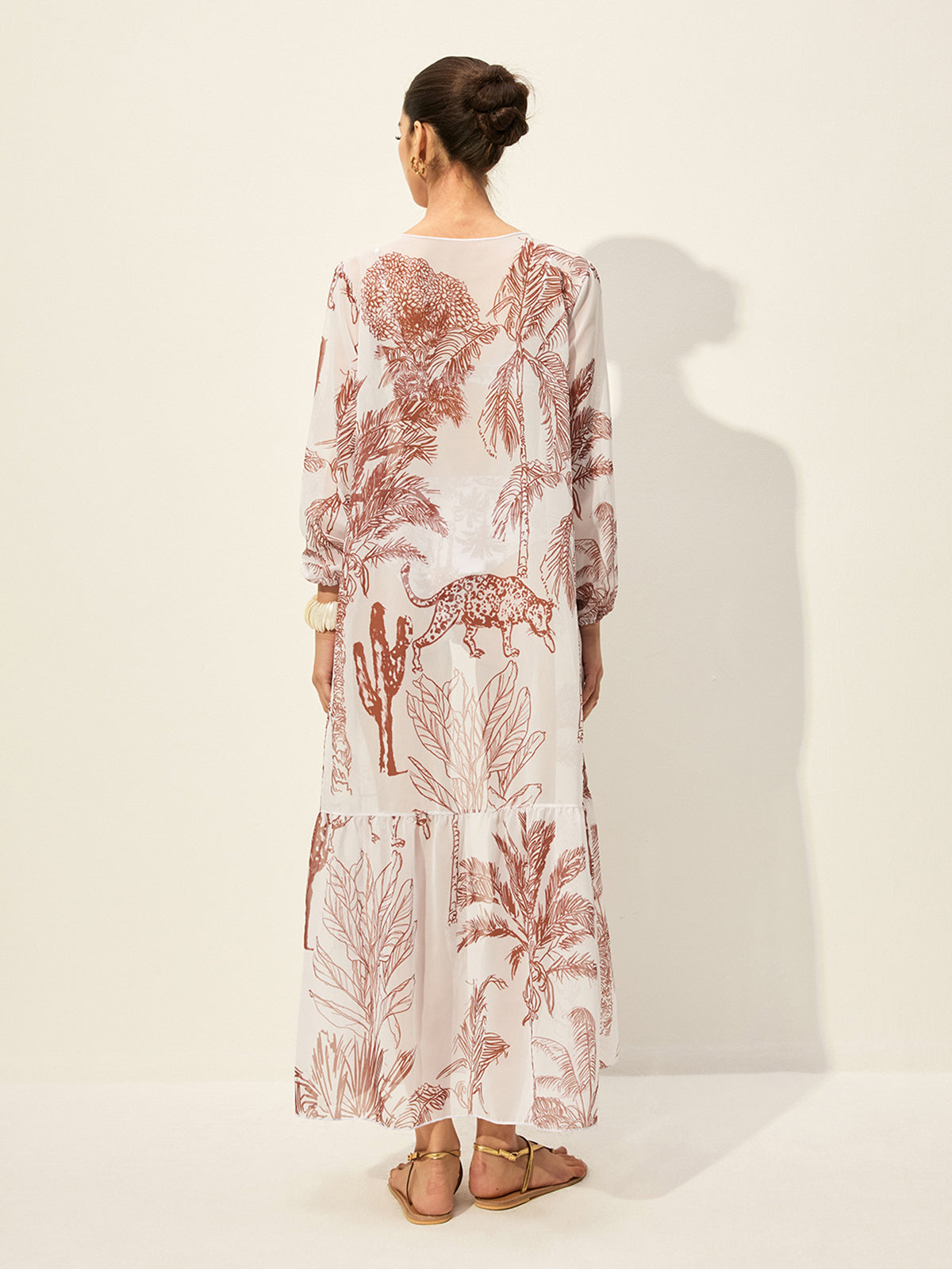 Çiçekli Şifon Maxi Etek Açık Kahverengi Bohemian Tarz