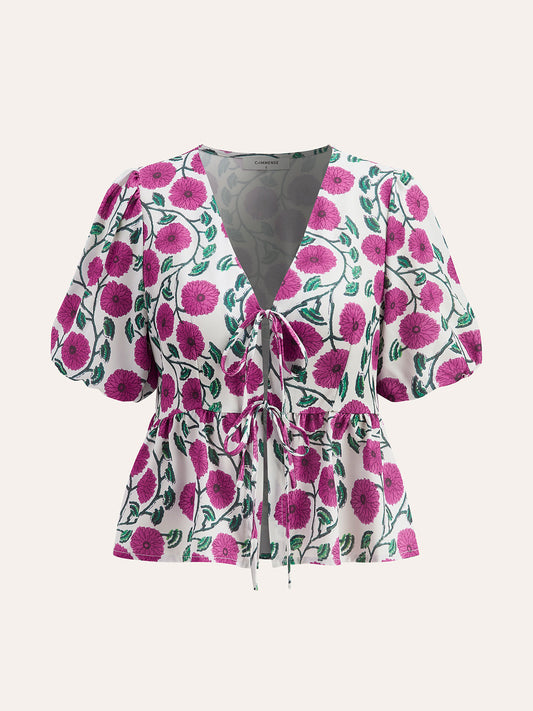 Şık Boho V-Yaka Şişme Kol Etek Takımı, Ayarlı Çekme İpi ile