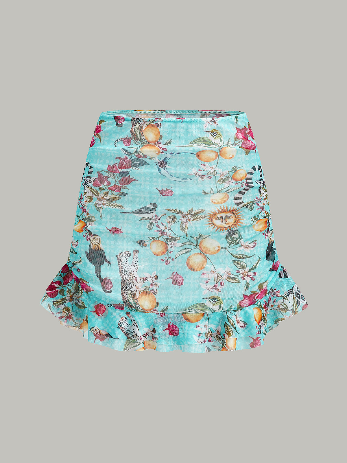 Çiçekli Bikini Takımı Etek Açık Mavi 3 Parça