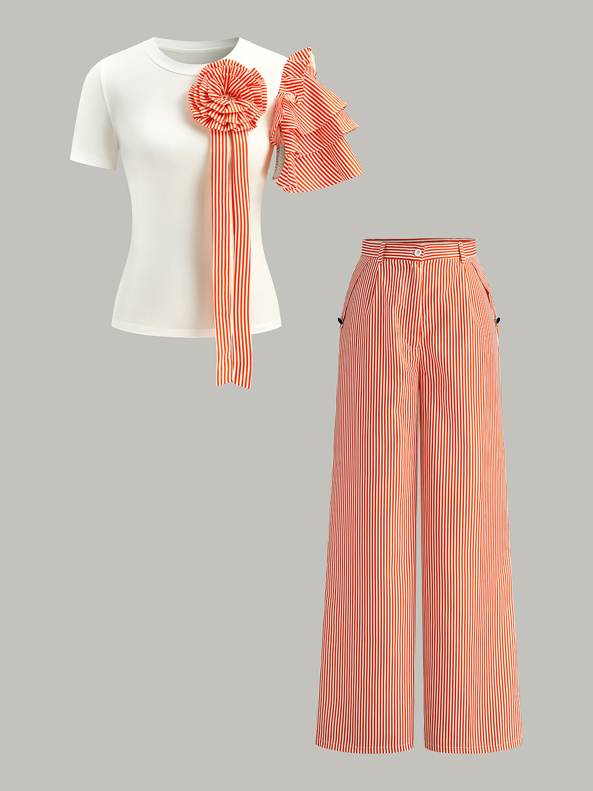 Çizgili Üst Şort Takımı Turuncu Renk Bloklu