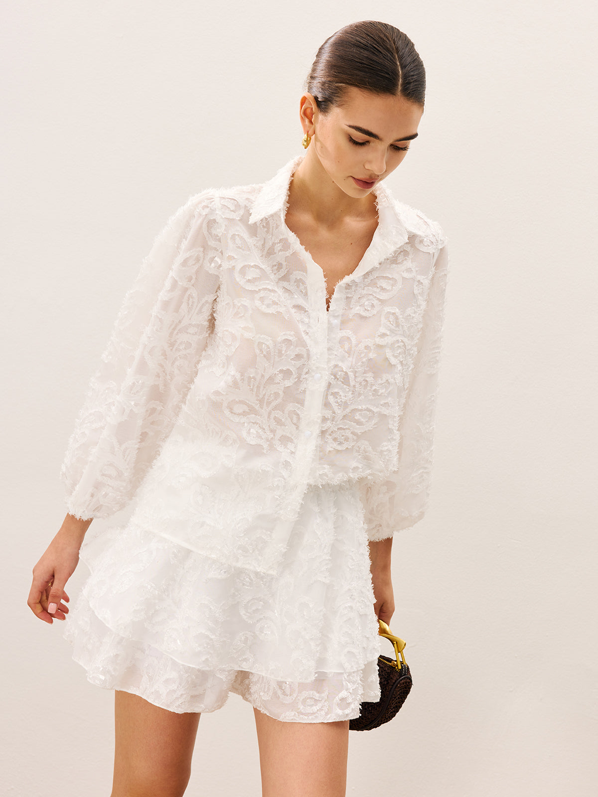 Şeffaf Etek Takımı Zarif Çiçek İşlemeli Beyaz