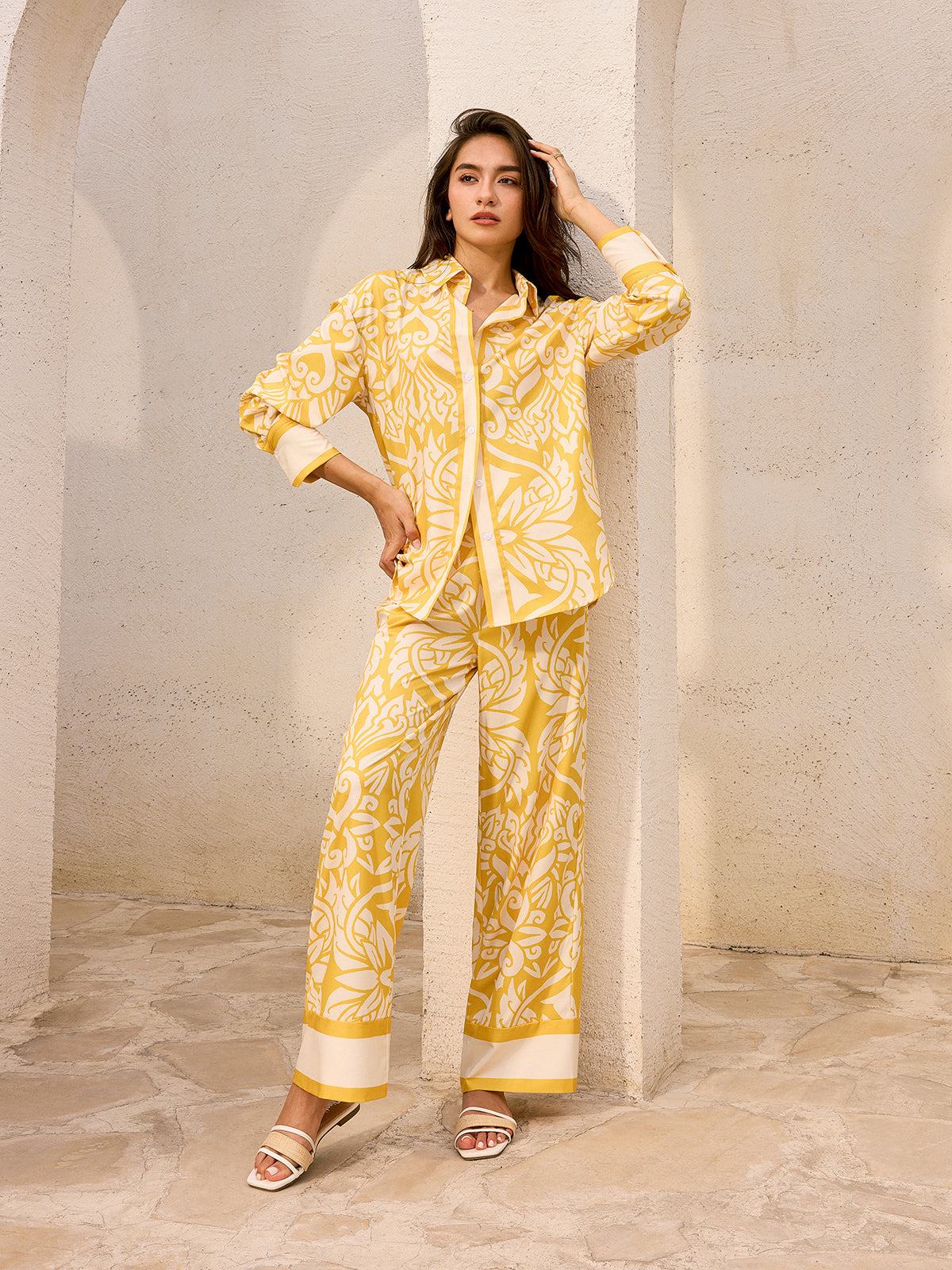 Desenli Uzun Kollu Gömlek Sarı Oversize Kesim