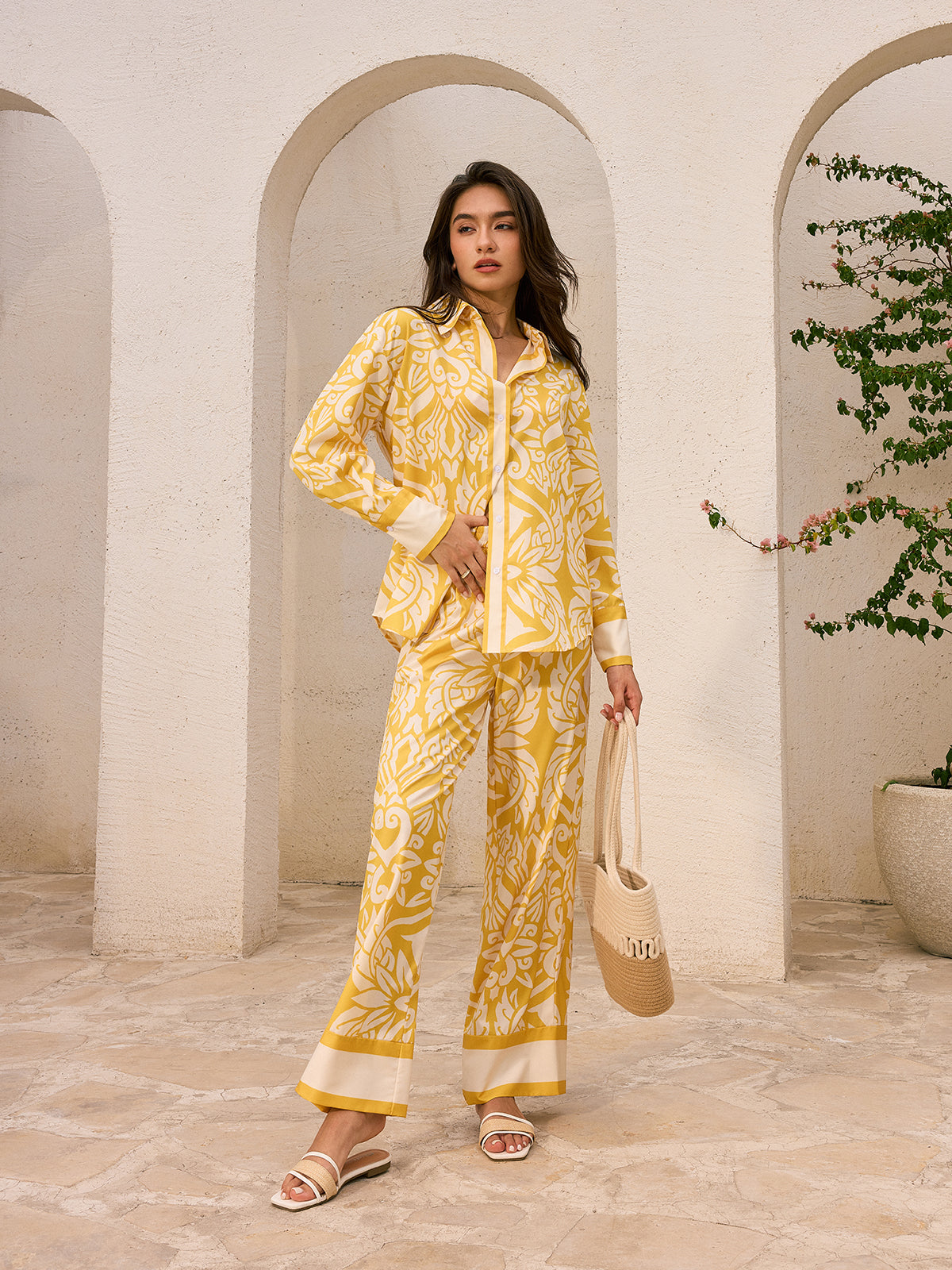 Desenli Uzun Kollu Gömlek Sarı Oversize Kesim