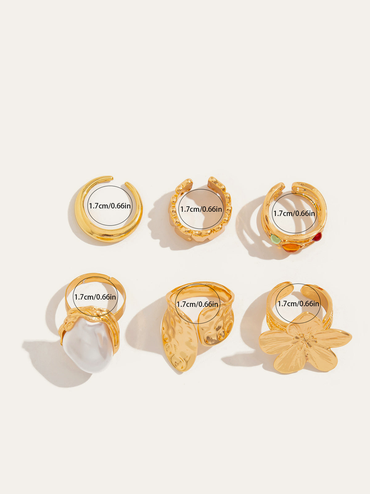 6 Parçalı İncili Çiçek Desenli Yüzük Takımı Altın