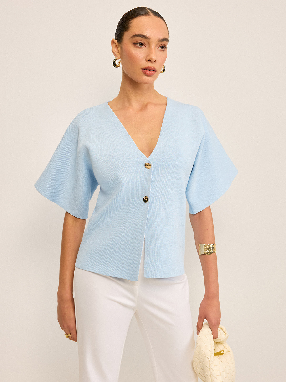 V Yaka Düğmeli Örgü Hırka Açık Mavi Kısa Kol