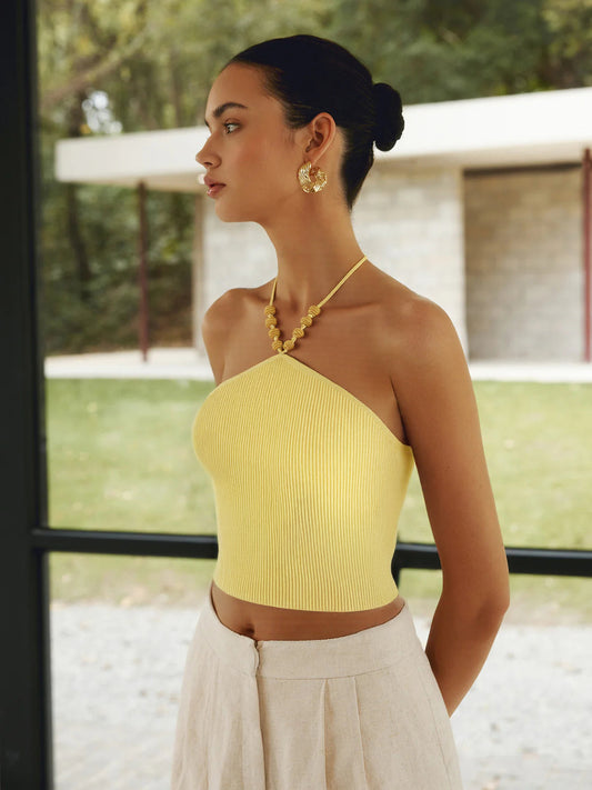 intarsiyalı örgü halter crop üst