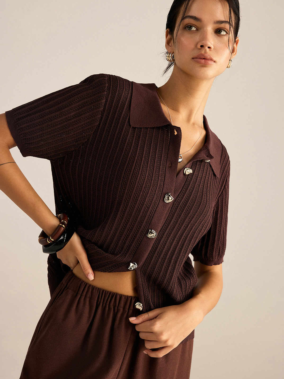 Kemikli Örgü Polo Yaka Hırka Kahverengi Regular Fit