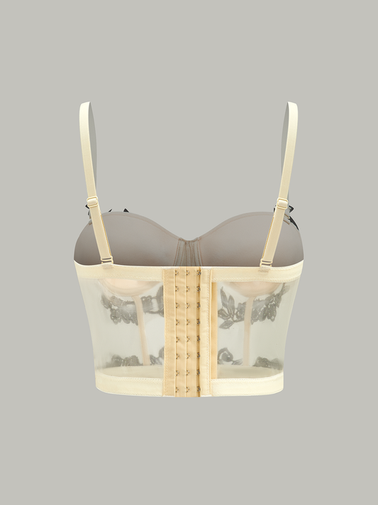Yarı Saydam Çiçek İşlemeli Ağı Dokuma Korse Üstü