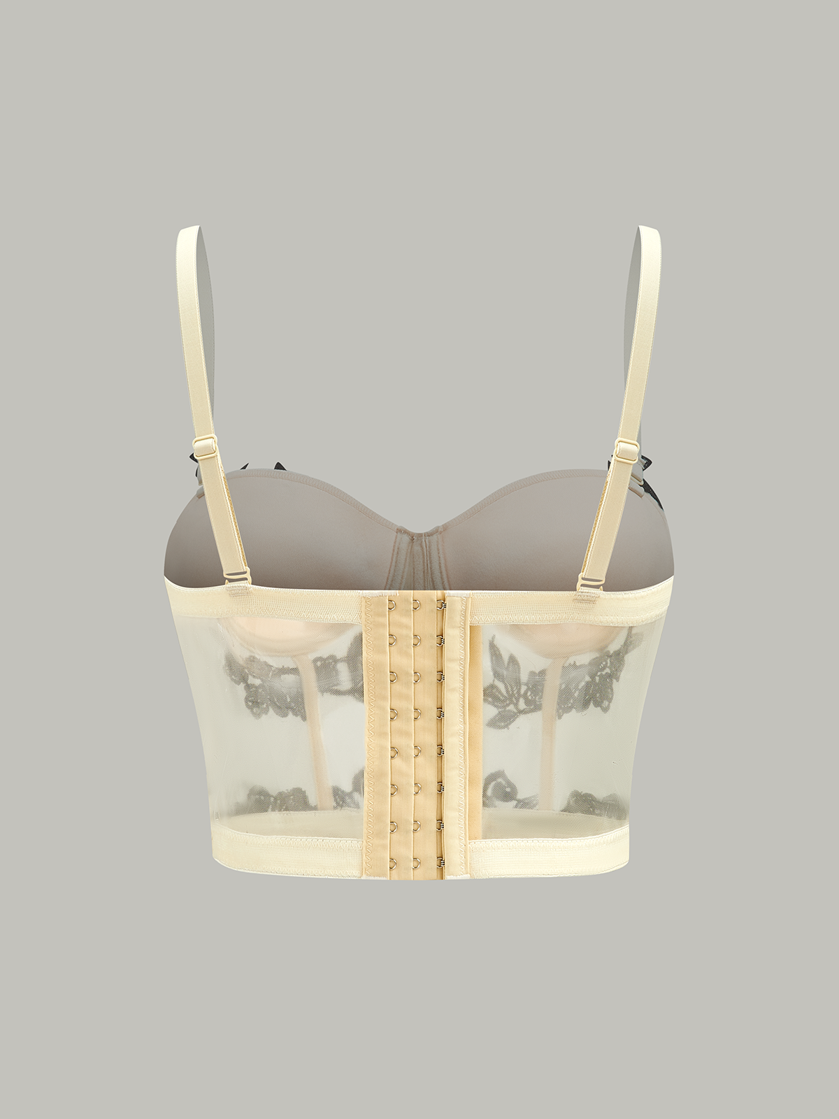 Çiçek İşlemeli File Korse Üst Ekru Yarı Saydam