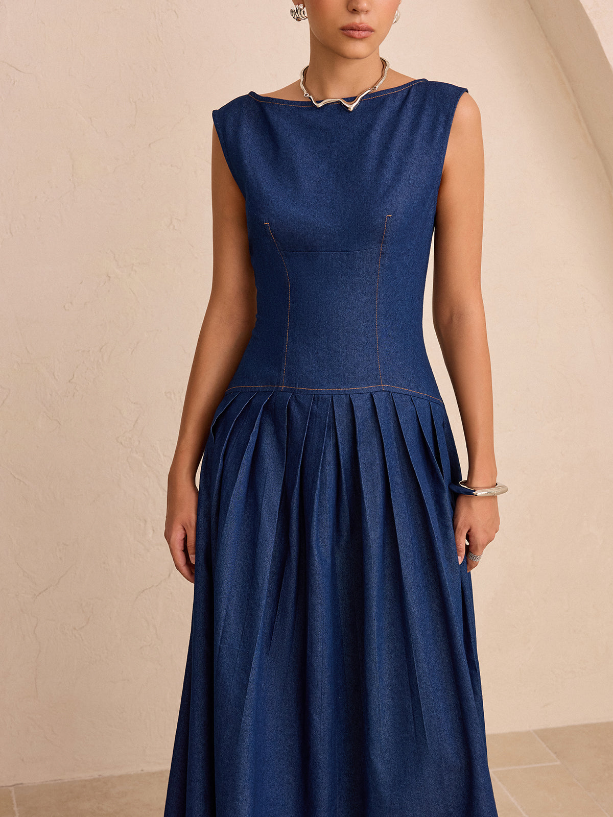 Suni Denim Kolsuz Pilili Maxi Elbise