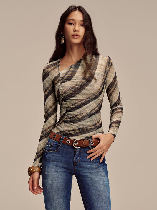 Yarı Şeffaf Ağı Mesh Asimetrik Büzgülü Bluz