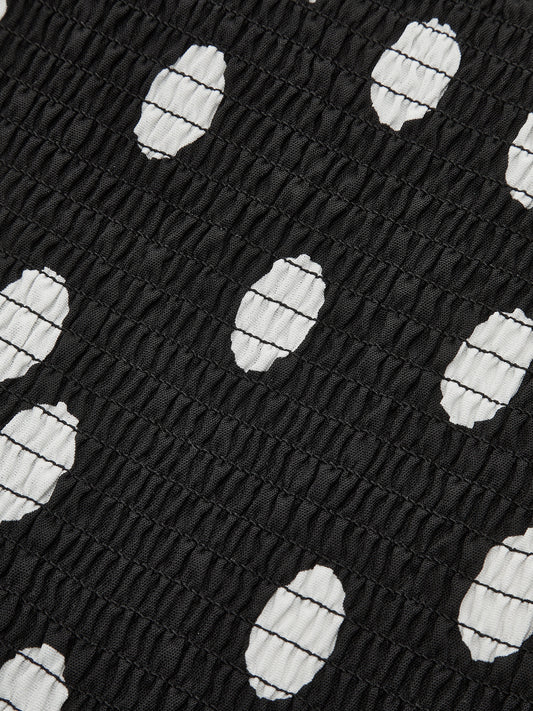 Sırtı Açık Puantiyeli Büzgü Detaylı Maksı Elbise