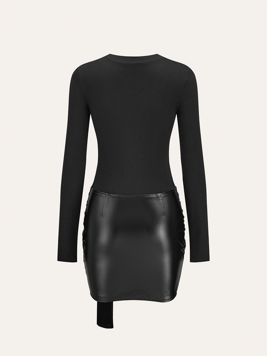 Suni Deri Panelli Örme Uzun Kollu Mini Elbise