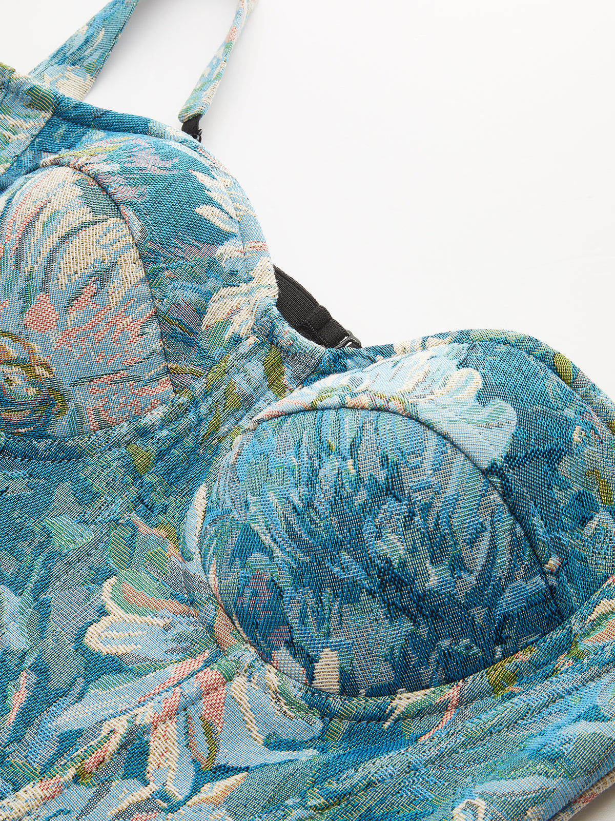 Çiçek Desenli Jakarlı Korse Üst Mavi Kalp Yaka