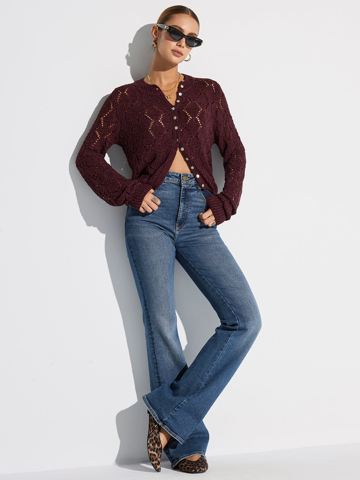 Yarım İnce Şeffaf Triko Hırka Bordo Uzun Kol