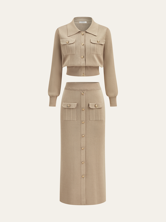 Şık metal düğmeli ceket ile midi etek takımı ile sofistike görünüm