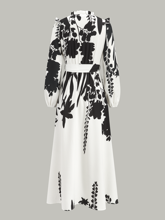 Fırfırlı Boynuk Kuşaklı Çiçek Desenli Maxi Elbise