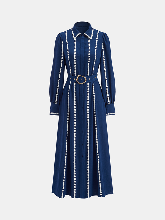 Kontrast Dantelli Kuşaklı Gömlek Elbise