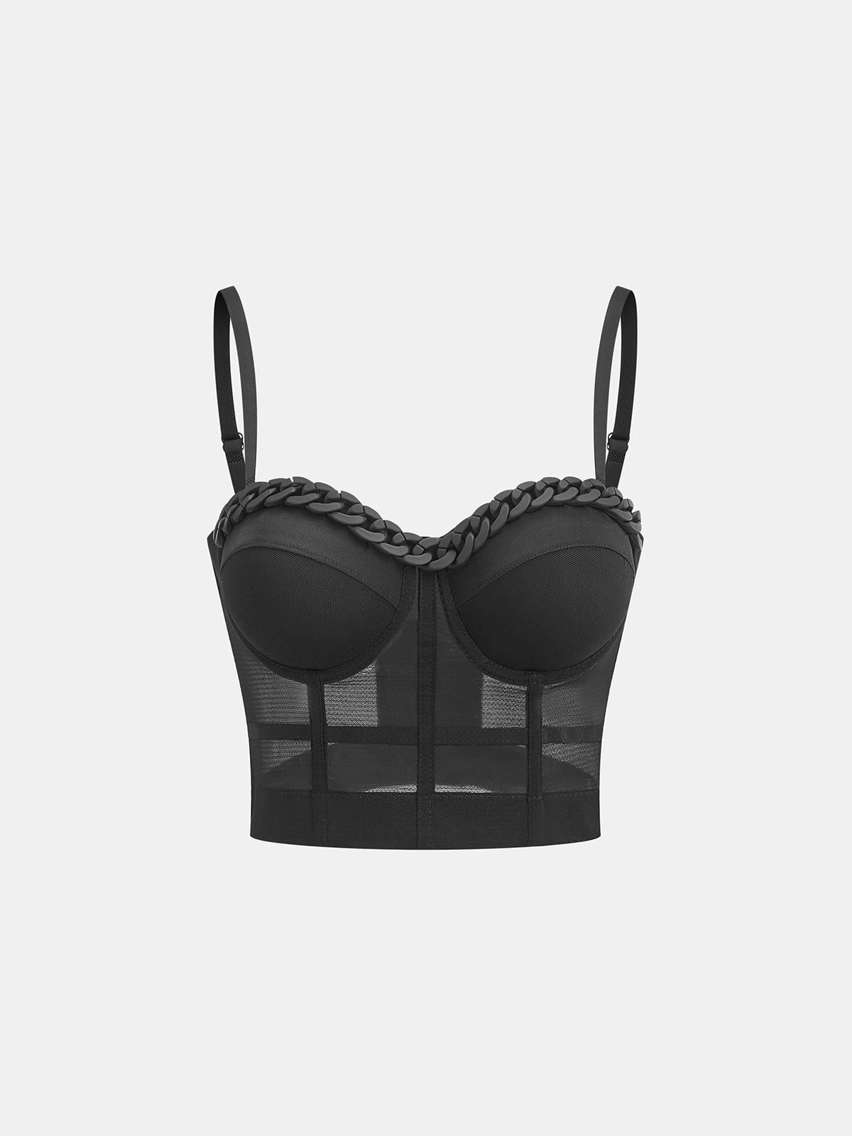 Zincir Askılı Korset Siyah Kısa Kesim File Kumaş