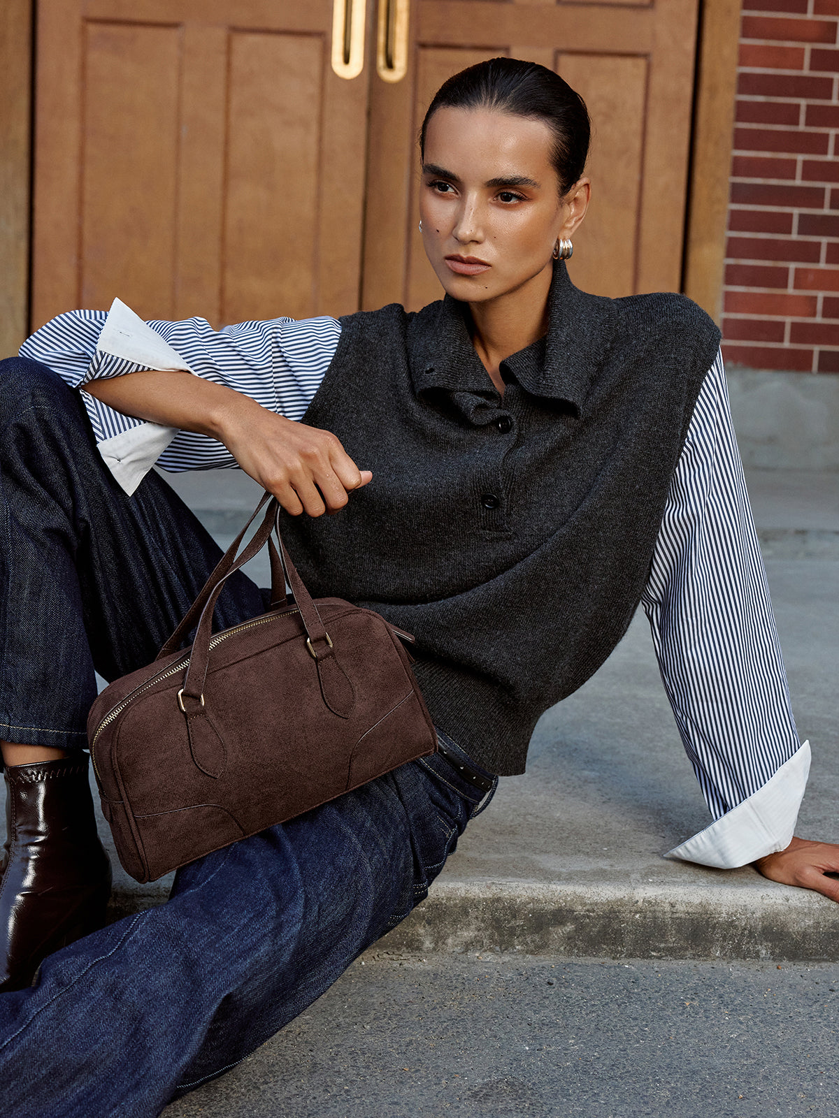 Retro Süet El Çantası Kahverengi Tek Beden