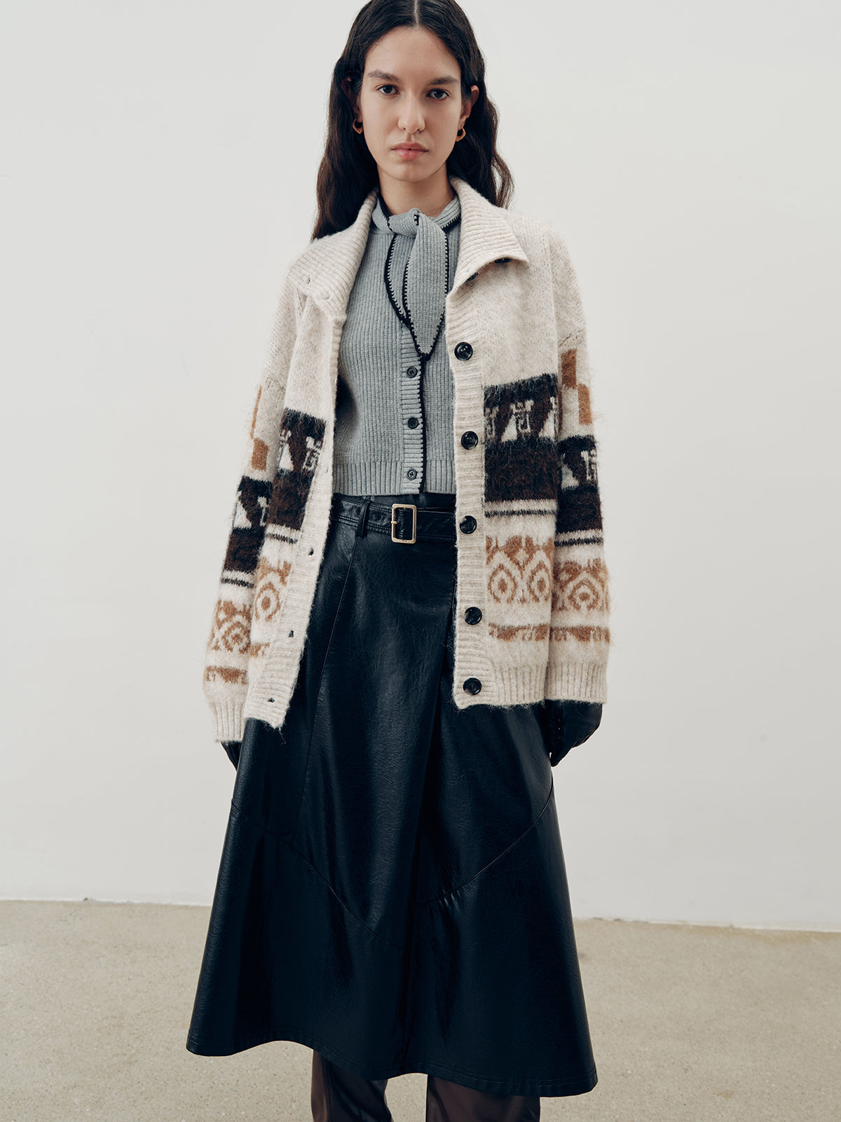 Jakard Triko Hırka Ekru Uzun Kollu Dış Giyim