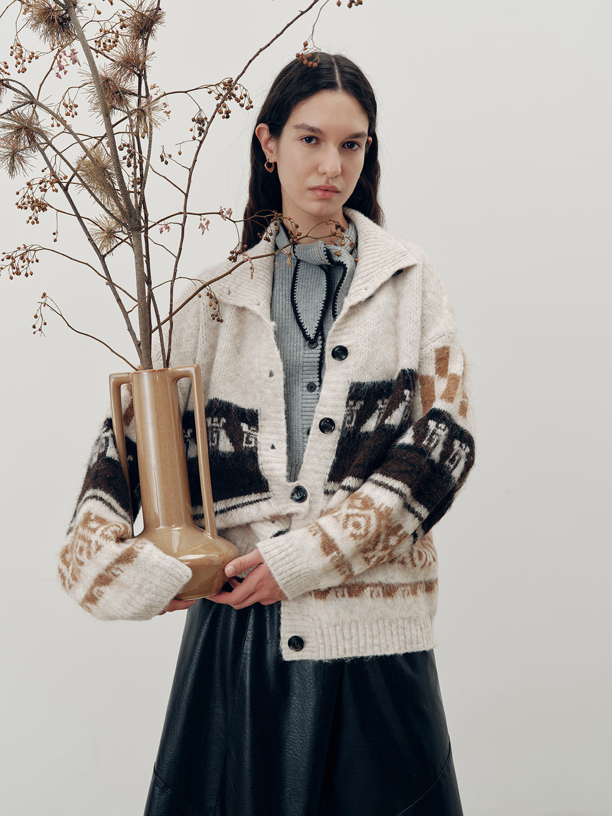 Jakard Triko Hırka Ekru Uzun Kollu Dış Giyim