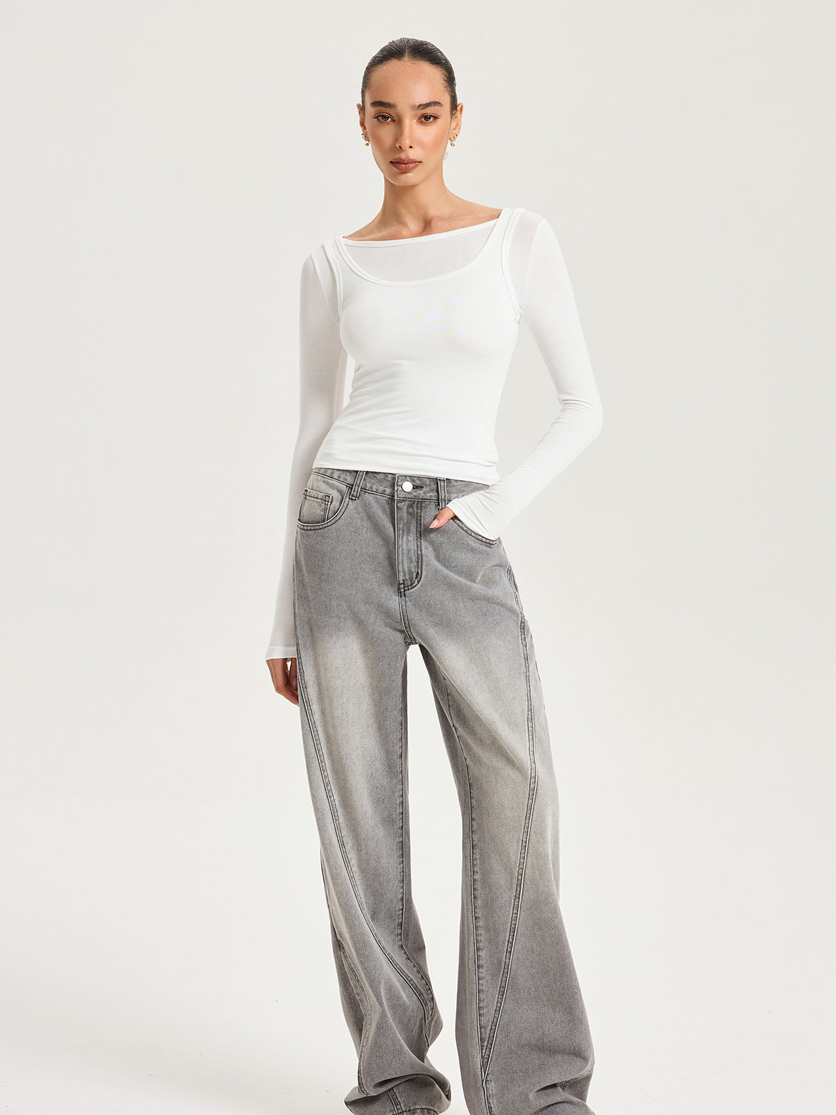 2'li Uzun Kollu Modal Tişört Beyaz Slim Fit