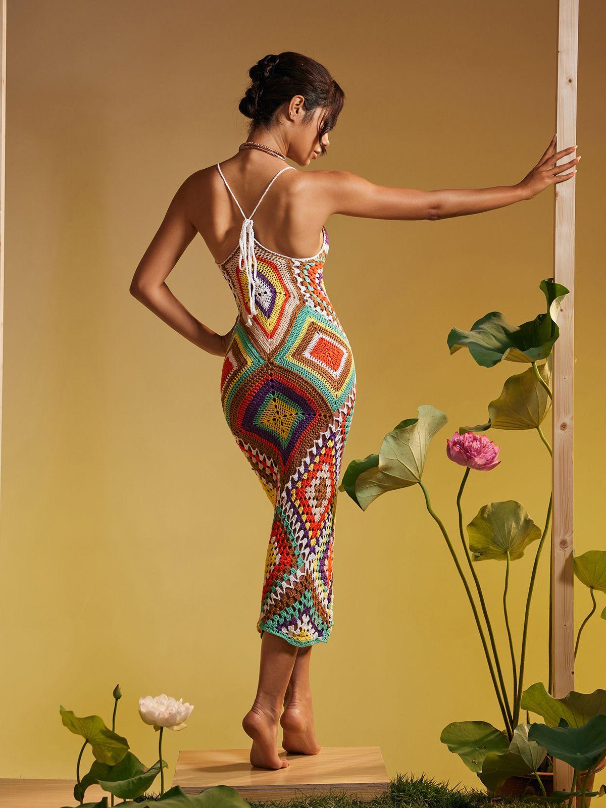 Monroe İspagetti Baskılı Boş Çözgü Örgü Elbise